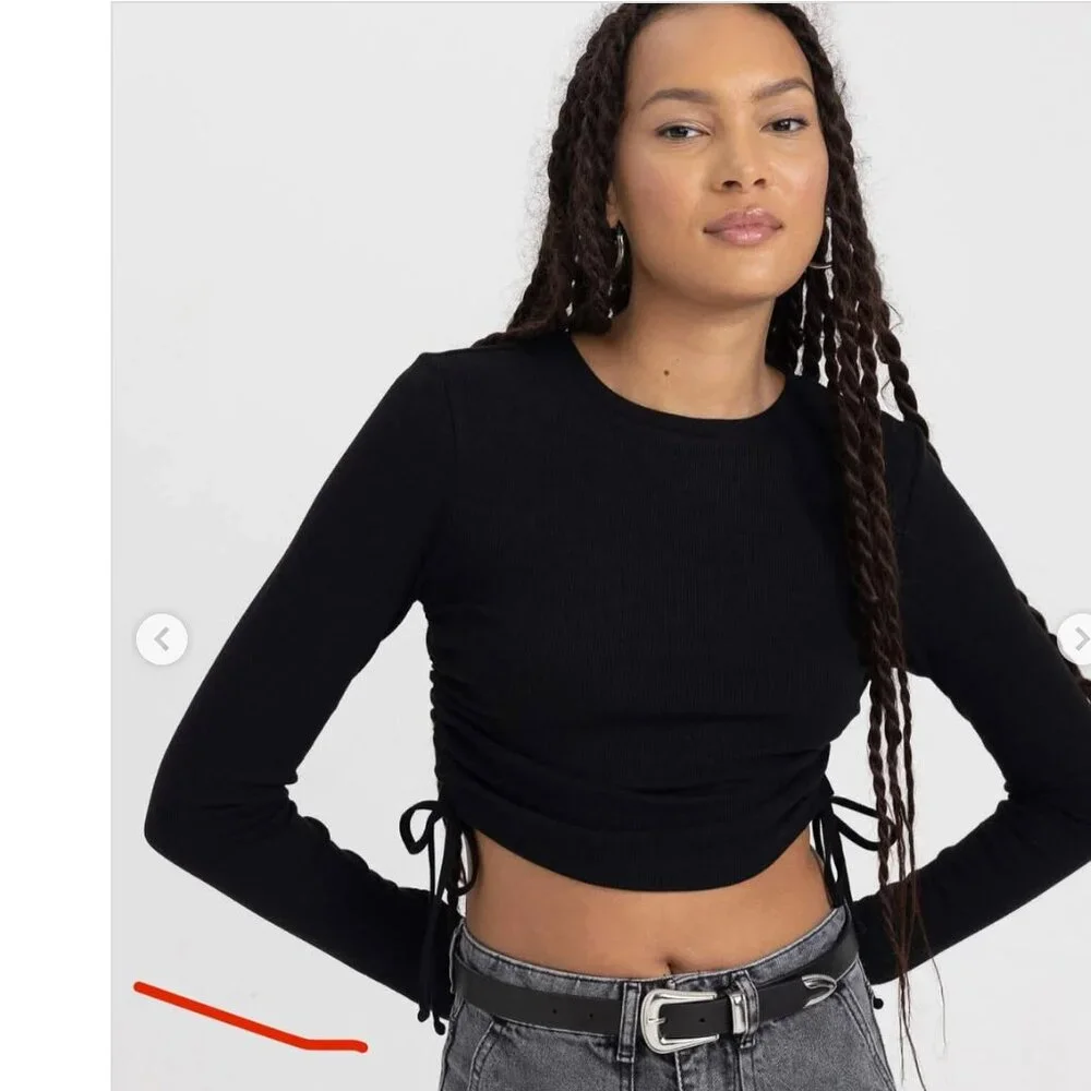 Zara Ribbed Knit Black Crop Top Size S Side Ruched Tie Y2K Minimalist Stretch